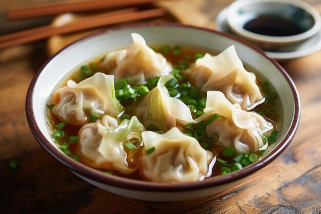 Een kom wonton soep met een kant van sojasaus.