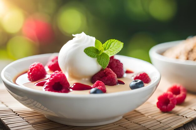 Foto een kom yoghurt met frambozen en muntblaadjes