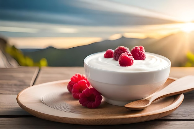 een kom yoghurt met frambozen op een bord