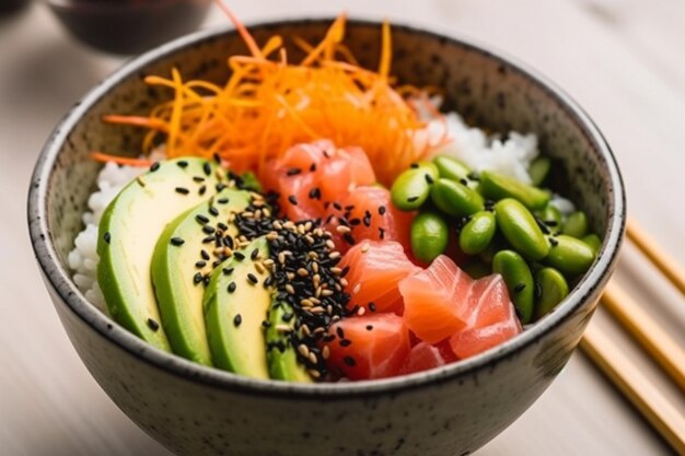 Een kom zalmsushi met avocado en avocado.