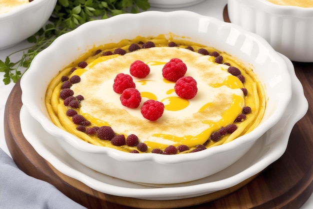 Een kommetje frambozen cheesecake dip met frambozen erop.