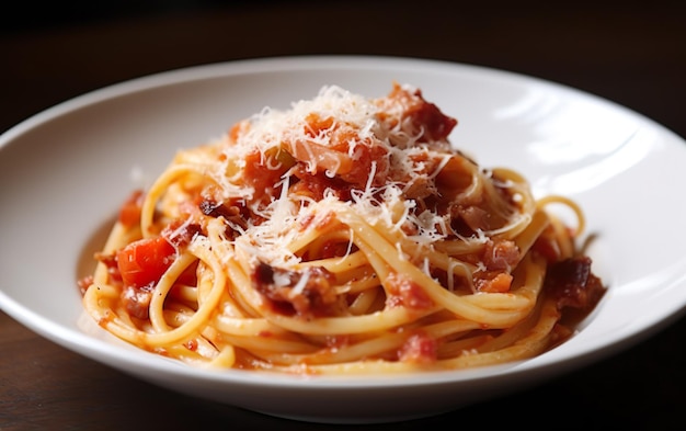 Een kommetje spaghetti met tomatensaus en parmezaanse kaas.