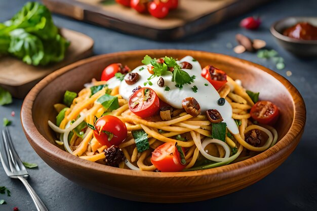 Een kommetje spaghetti met yoghurtsaus