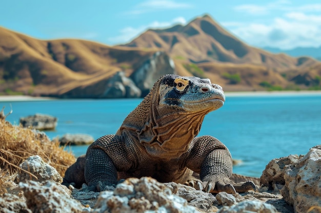 Foto een komodo-draak in een bewaker-achtige pose langs de kust rotsen