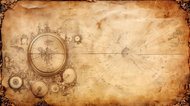 een kompas op een oud papier met een spiraal en kompas
