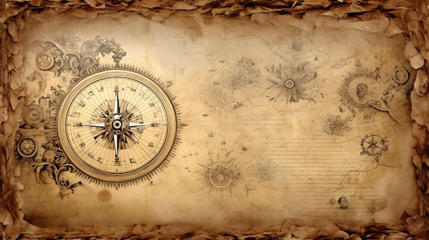 een kompas op een oud papier met het kompas bovenaan