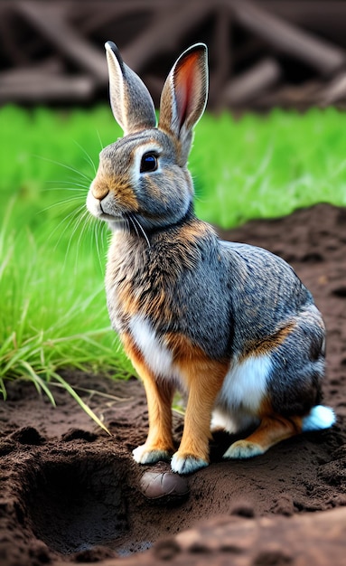 Een konijn dat in de modder zit