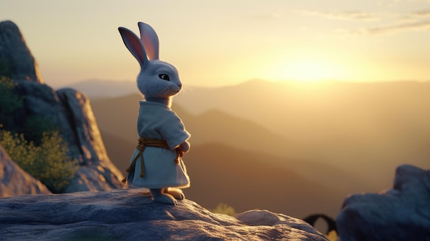 Een konijn dat op een rots staat voor een zonsondergang