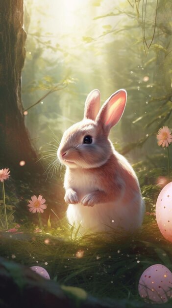 Een konijn en een beschilderd ei in een bos