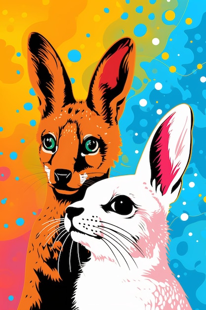 een konijn en een konijn zijn geschilderd op een kleurrijke achtergrond