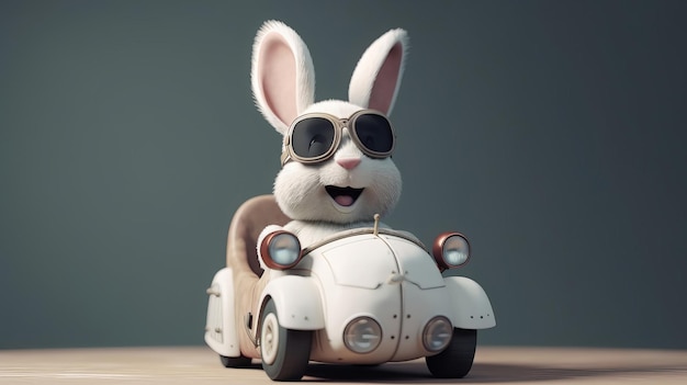 Een konijn in een auto met zonnebril en helm