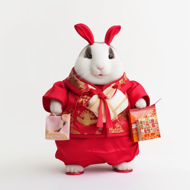 Een konijn in een Chinees kostuum houdt een geschenk vast.