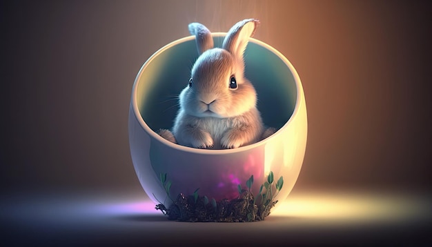 Een konijn in een ei met een paars licht erachter