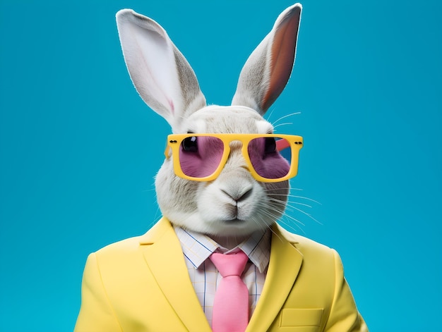 Een konijn in een geel pak en een roze stropdas