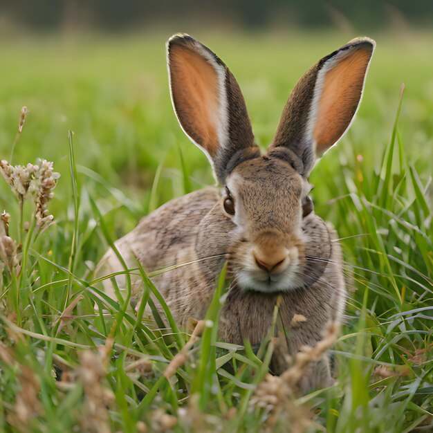 een konijn in een grasveld met een bruin oor en oren