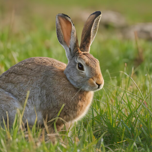 een konijn in een grasveld met een rots op de achtergrond