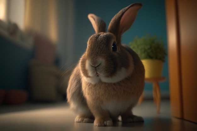 Een konijn in een kamer met een plant op de rug