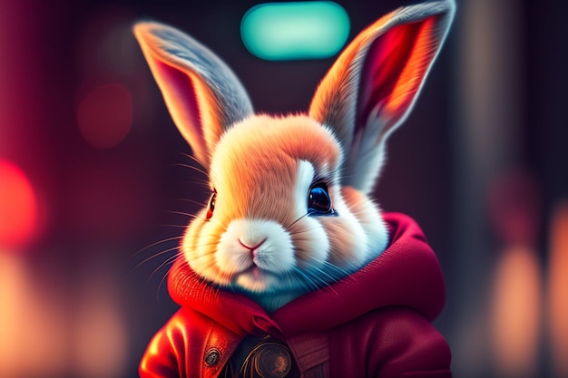 Een konijn in een rood jasje met het woord konijn erop.