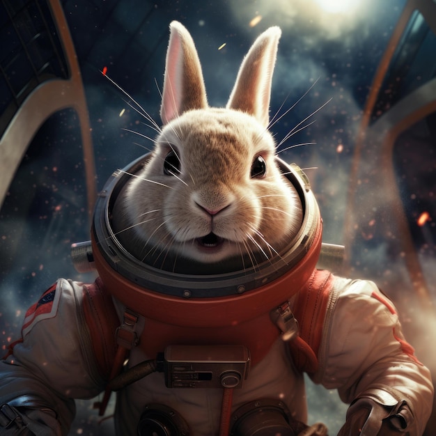 een konijn in een ruimtepak met een ruimtepak aan.