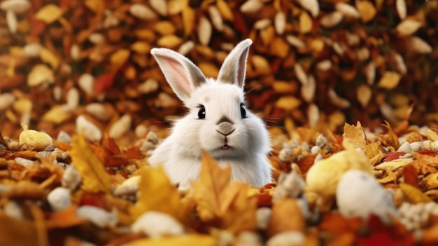 Foto een konijn in een stapel herfstbladeren