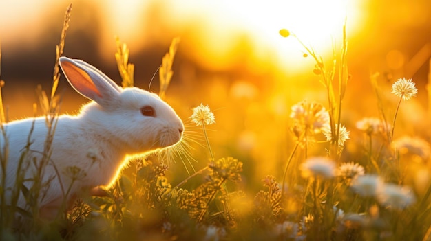 Een konijn in een tuin vol bloemen bij zonsondergang