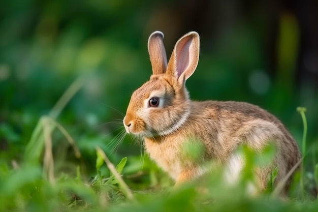 Een konijn in het gras met een groene achtergrond