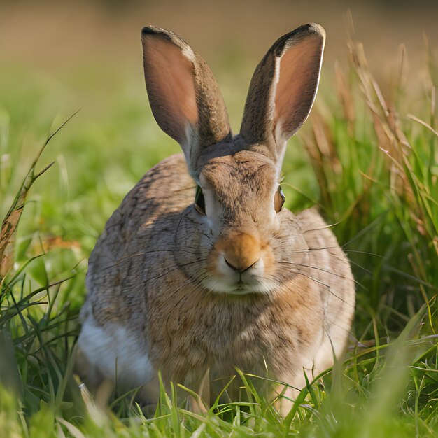 een konijn in het gras met een witte vlek op zijn gezicht