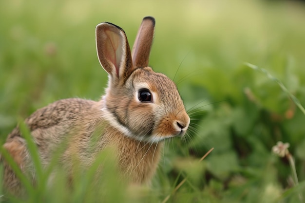 Een konijn in het gras met op de voorkant het woord konijn