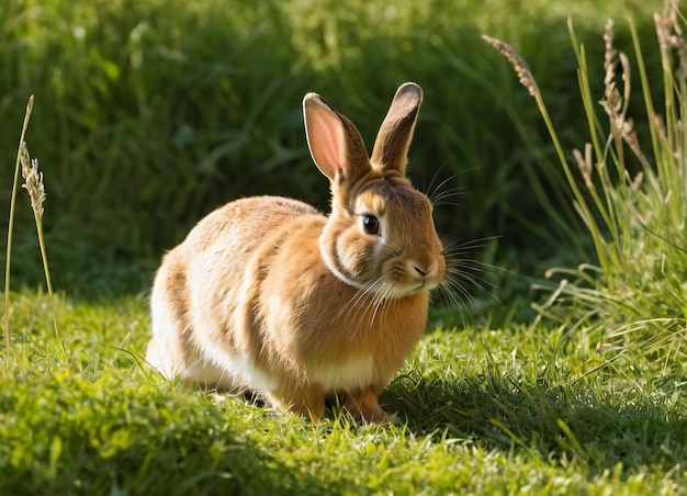 een konijn is in het gras in de zon en kijkt naar de camera