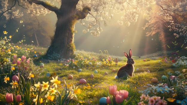 Een konijn ligt tussen de bloemen in een bosweide.