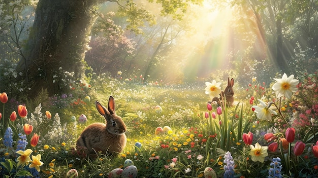 Een konijn ligt tussen de bloemen in een bosweide.