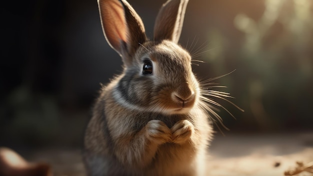 Een konijn met een blauw oog en een witte streep op zijn gezicht