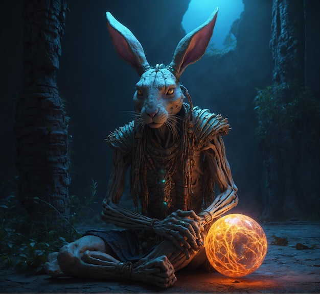 een konijn met een gloeiende bal in het donker