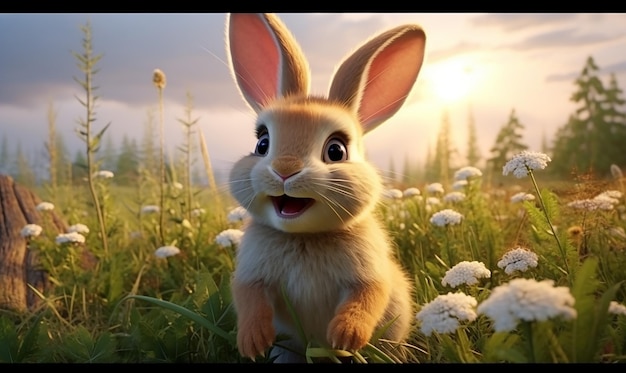 een konijn met een grappig gezicht is in het gras met een konijn op zijn gezicht