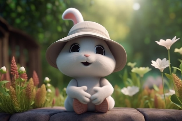 Een konijn met een hoed op zit op een rots in een tuin.