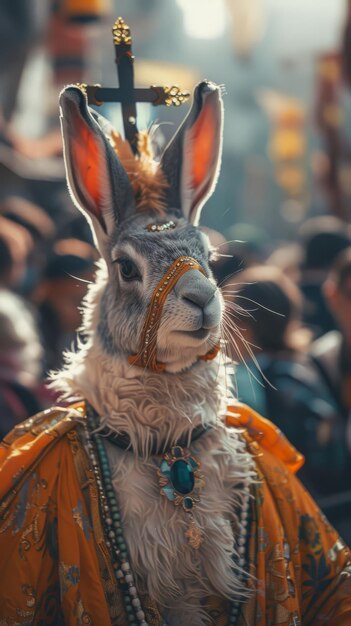 Foto een konijn met een kostuum dat de naam van het dier zegt