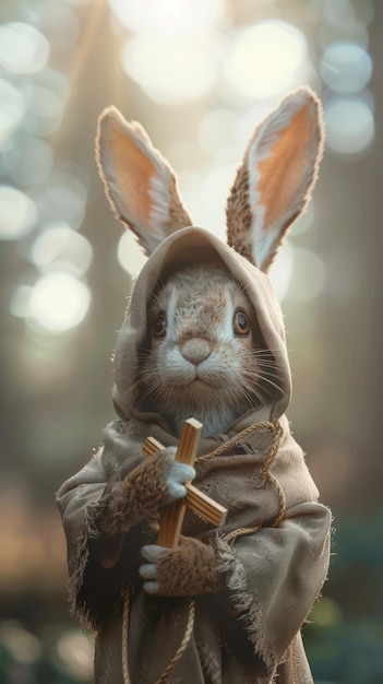een konijn met een kruis op zijn hoofd wordt getoond