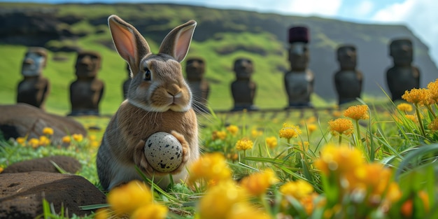 Een konijn met een paasei op het Paaseiland Rapa Nui tegen de achtergrond van Moai-beelden