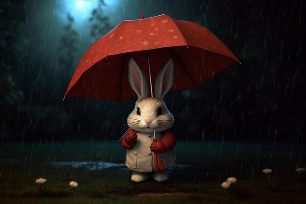 Een konijn met een paraplu in de regen