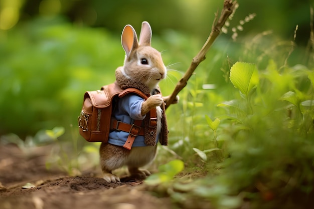 Een konijn met een rugzak loopt door een bos.