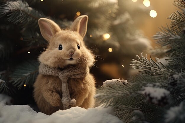 een konijn met een trui vastgebonden aan een boom met een kerstboom op de achtergrond
