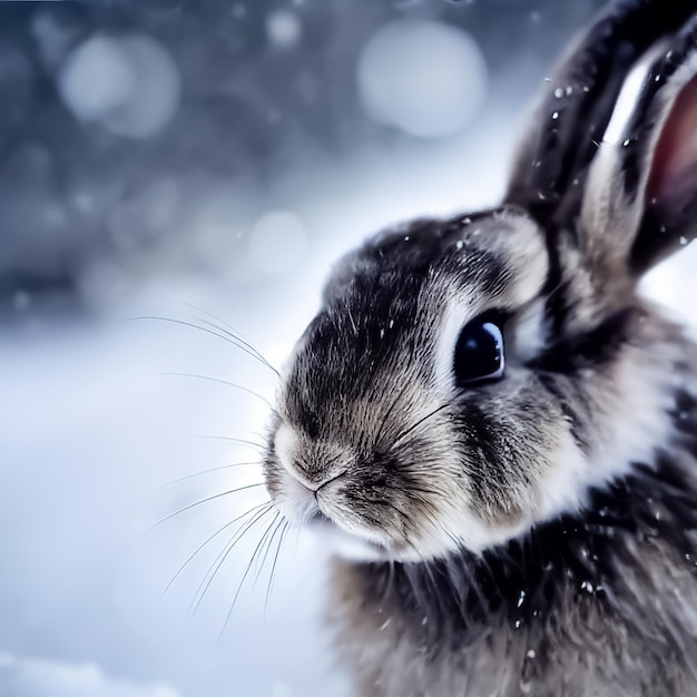 Een konijn met een zwart gezicht is bedekt met sneeuw.