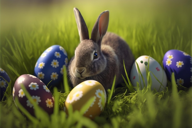 Foto een konijn met eieren in het gras en een konijn dat naar de camera kijkt.