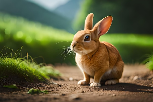 Een konijn met grote ogen zit op een onverharde weg voor een groen veld.