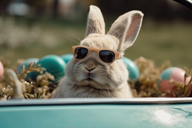 Een konijn met zonnebril zit in een auto met een groen ei op de achtergrond