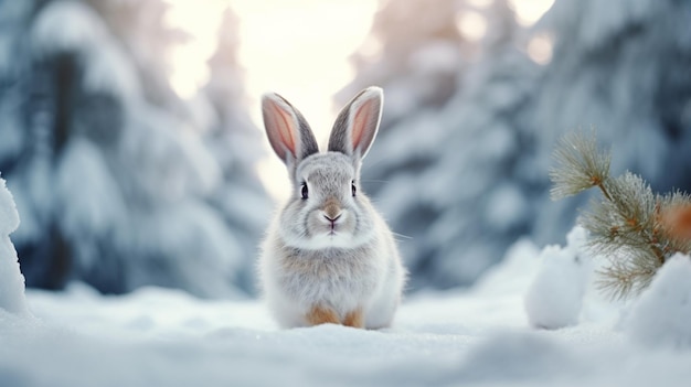 Een konijn op de sneeuw in het bos.