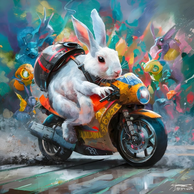 een konijn op een motorfiets met een rugzak erop
