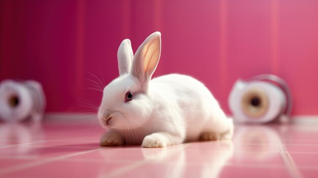 Een konijn op een roze tegelvloer
