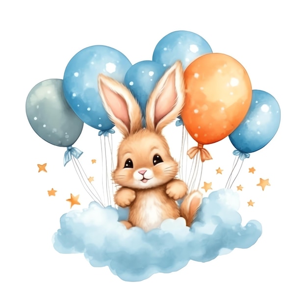 Een konijn op een wolk met ballonnen