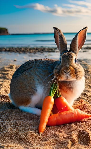 Een konijn op het strand met een wortel in zijn bek